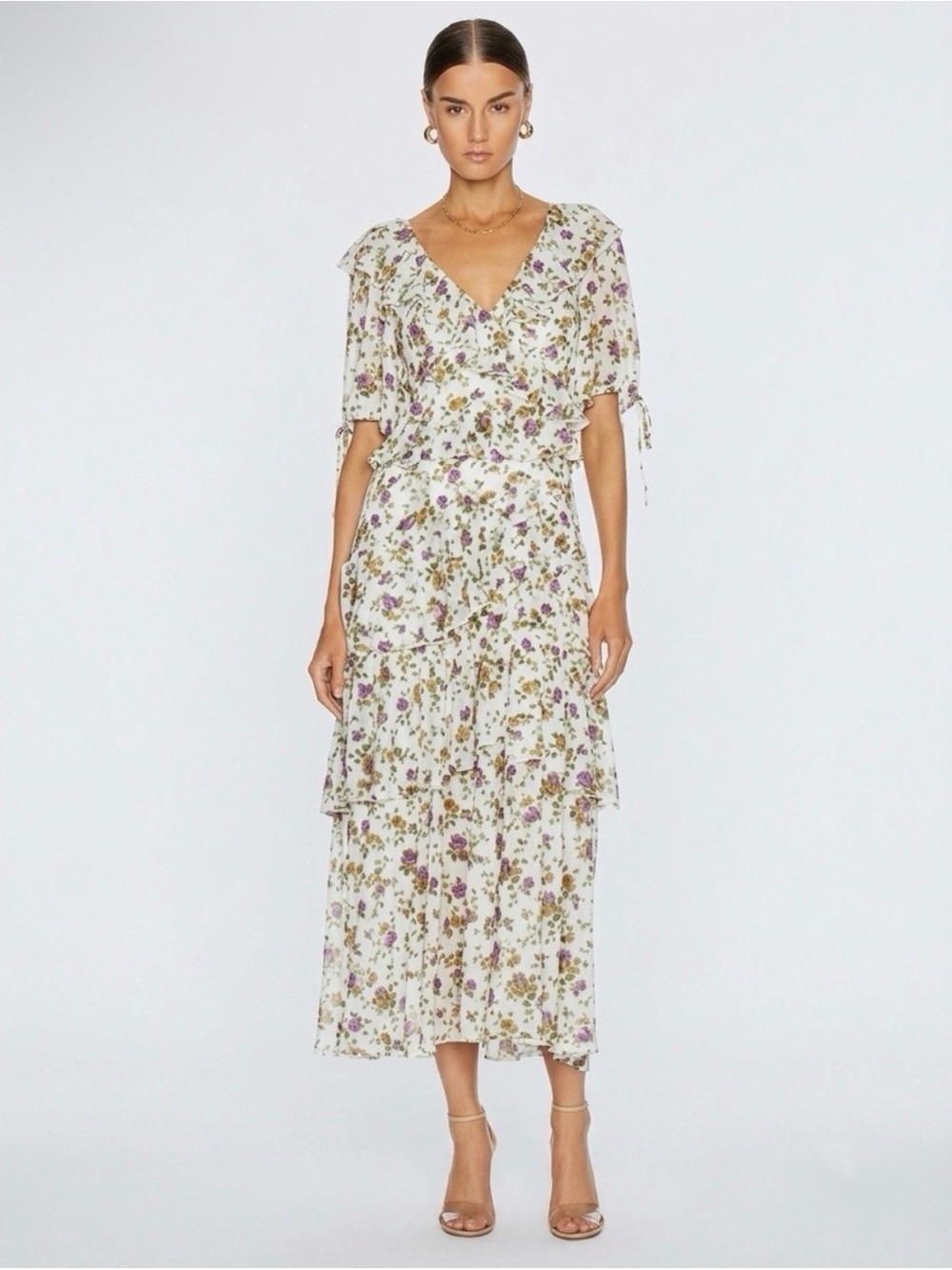 Marissa Webb Floral Print Deandra Maxi Dress White Purple Green Ruffles Large